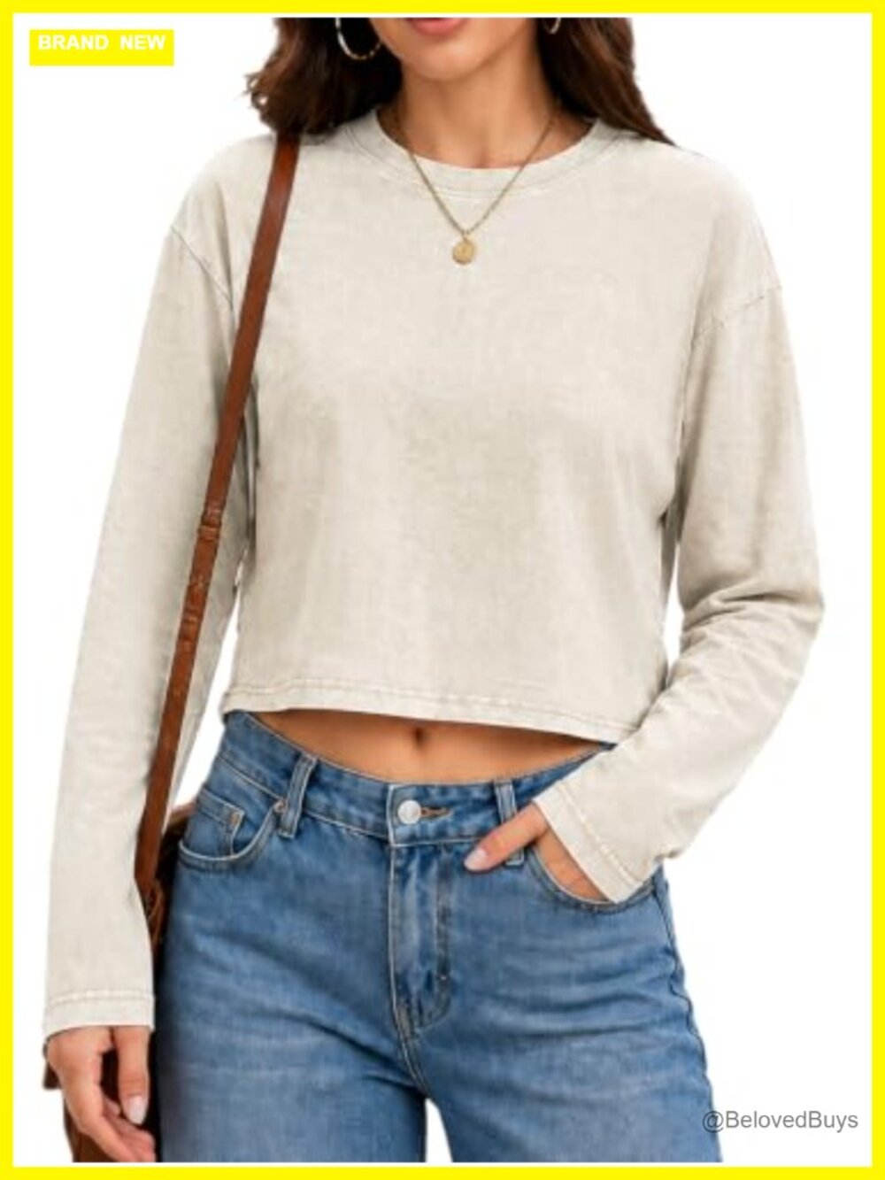 Women's Long Sleeve Crop Top Loose Fit Acid Wash 100% Cotton Cropped T-Shirt